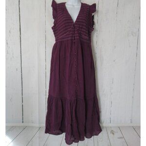 Quince Dress L Large Purple Midi Organic Textured Gauze Cotton Smocked V Neck